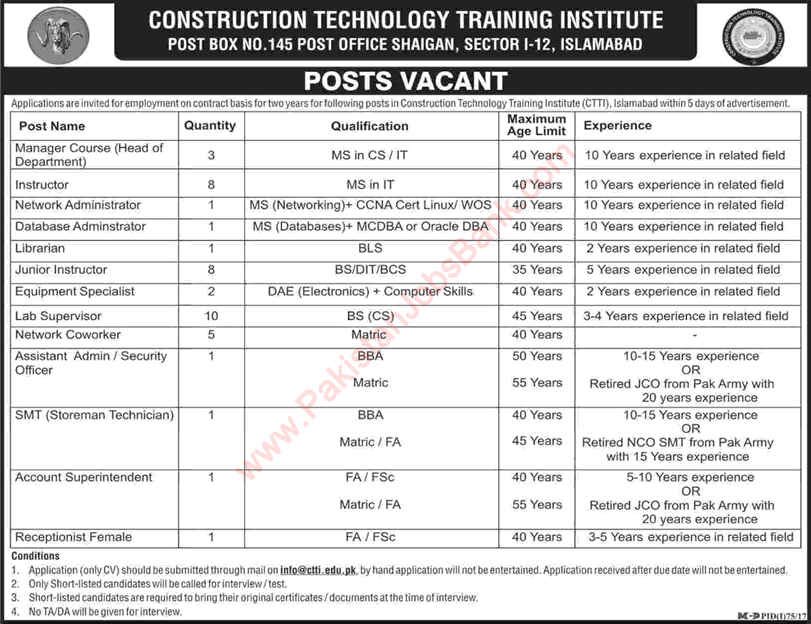 Construction Technology Training Institute Islamabad Jobs July 2018 Lab Supervisors, IT Instructors & Others Latest