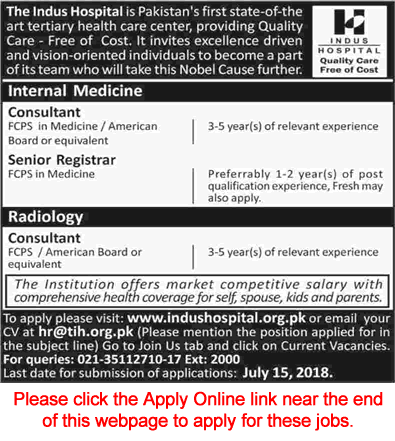 Indus Hospital Karachi Jobs July 2018 Apply Online Medical Consultant & Senior Registrar Latest