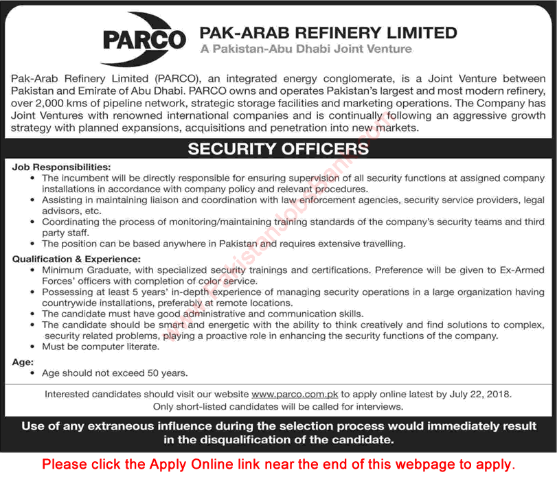 Security Officer Jobs in PARCO 2018 July Apply Online Pak-Arab Refinery Limited Latest