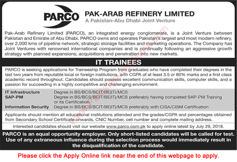 IT Trainee Jobs in PARCO July 2018 Apply Online Pak-Arab Refinery Limited Latest
