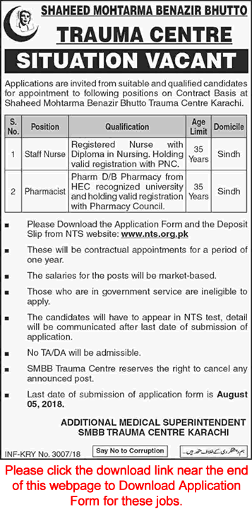 SMBB Trauma Center Karachi Jobs July 2018 NTS Application Form Staff Nurse & Pharmacist Latest