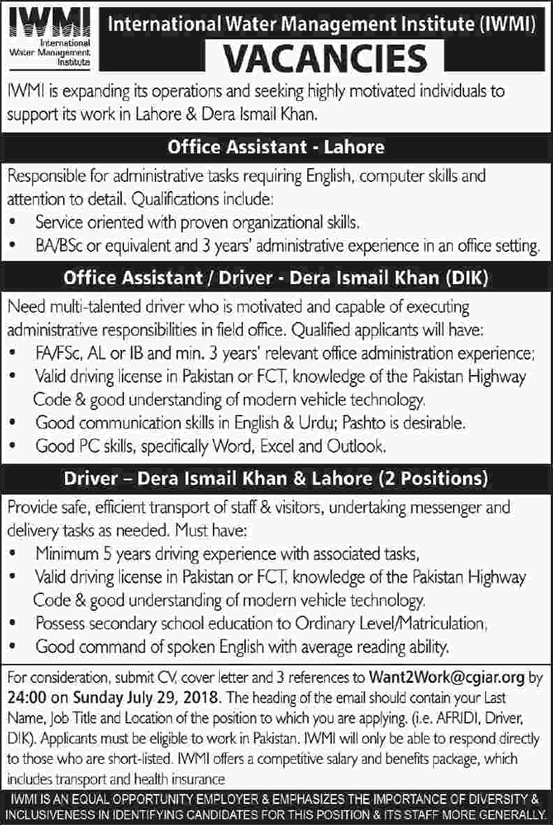 International Water Management Institute Pakistan Jobs 2018 July Office Assistants & Drivers Latest