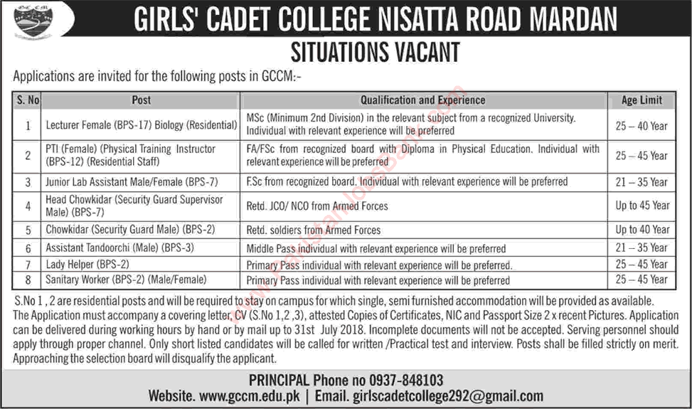 Cadet College Mardan Jobs 2018 July Lecturer, Lab Assistant, Chowkidar & Others Latest