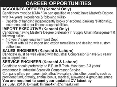 Sales / Service Engineer & Other Jobs in Karachi / Lahore July 2018 Latest