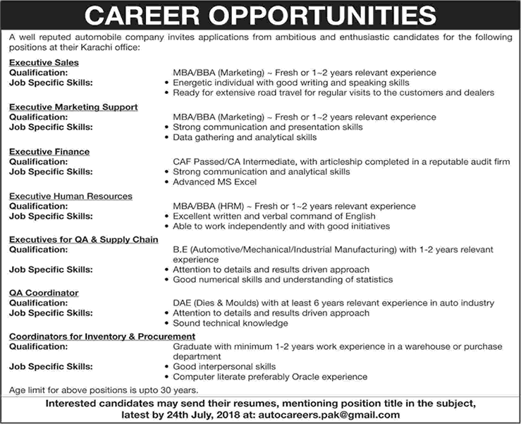 Automobile Company Jobs in Karachi 2018 July Sales Executives & Others Latest