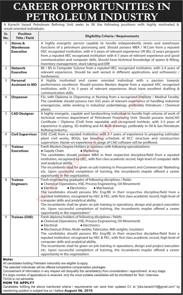 Petroleum Industry Jobs in Karachi 2018 July Trainee Engineers, Executives & Others Latest