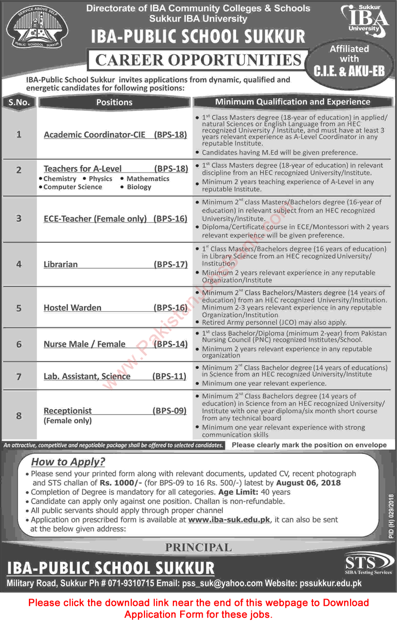 IBA Public School Sukkur Jobs 2018 July Application Form Teachers, Lab Assistant & Others Latest