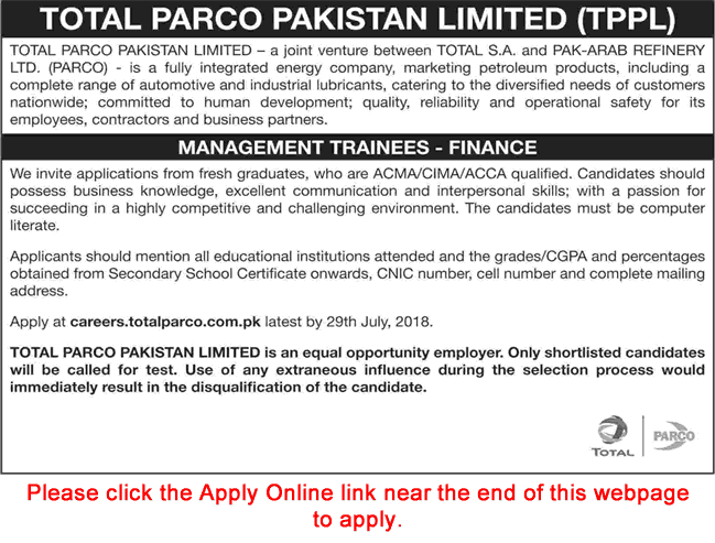 Management Trainee Jobs in Total PARCO Pakistan Limited 2018 July Apply Online MTO Finance Latest