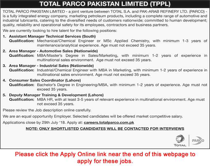 Total PARCO Pakistan Limited Jobs 2018 July Apply Online Area Sales Managers & Others Latest