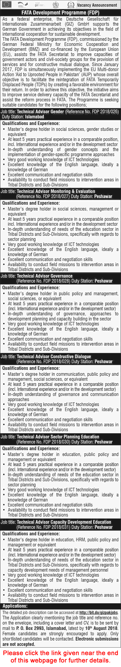 GIZ Pakistan Jobs July 2018 August Technical Advisors FDP Latest