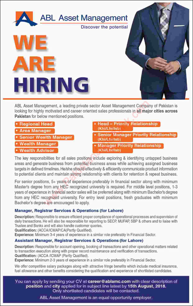 ABL Asset Management Company Jobs 2018 August Area Managers, Wealth Advisors & Others Latest