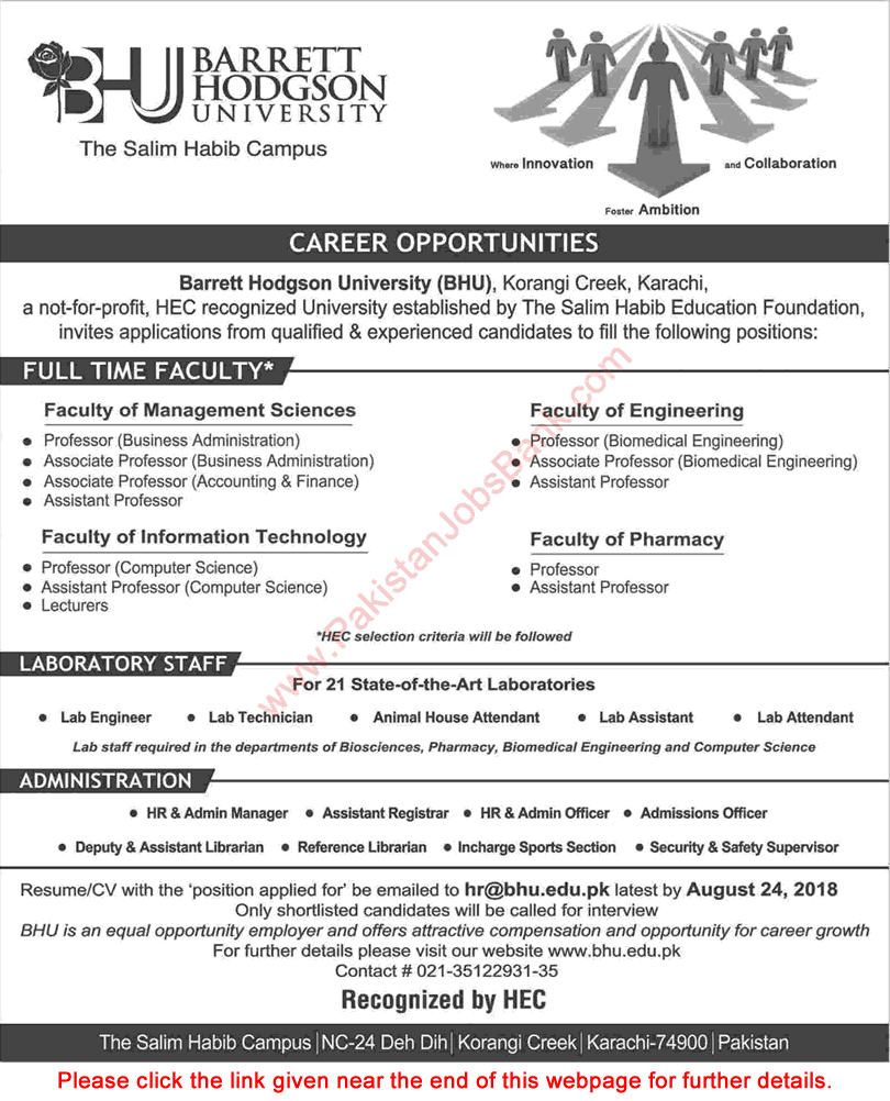 Barrett Hodgson University Karachi Jobs 2018 August Teaching Faculty, Lab Engineer & Others Latest