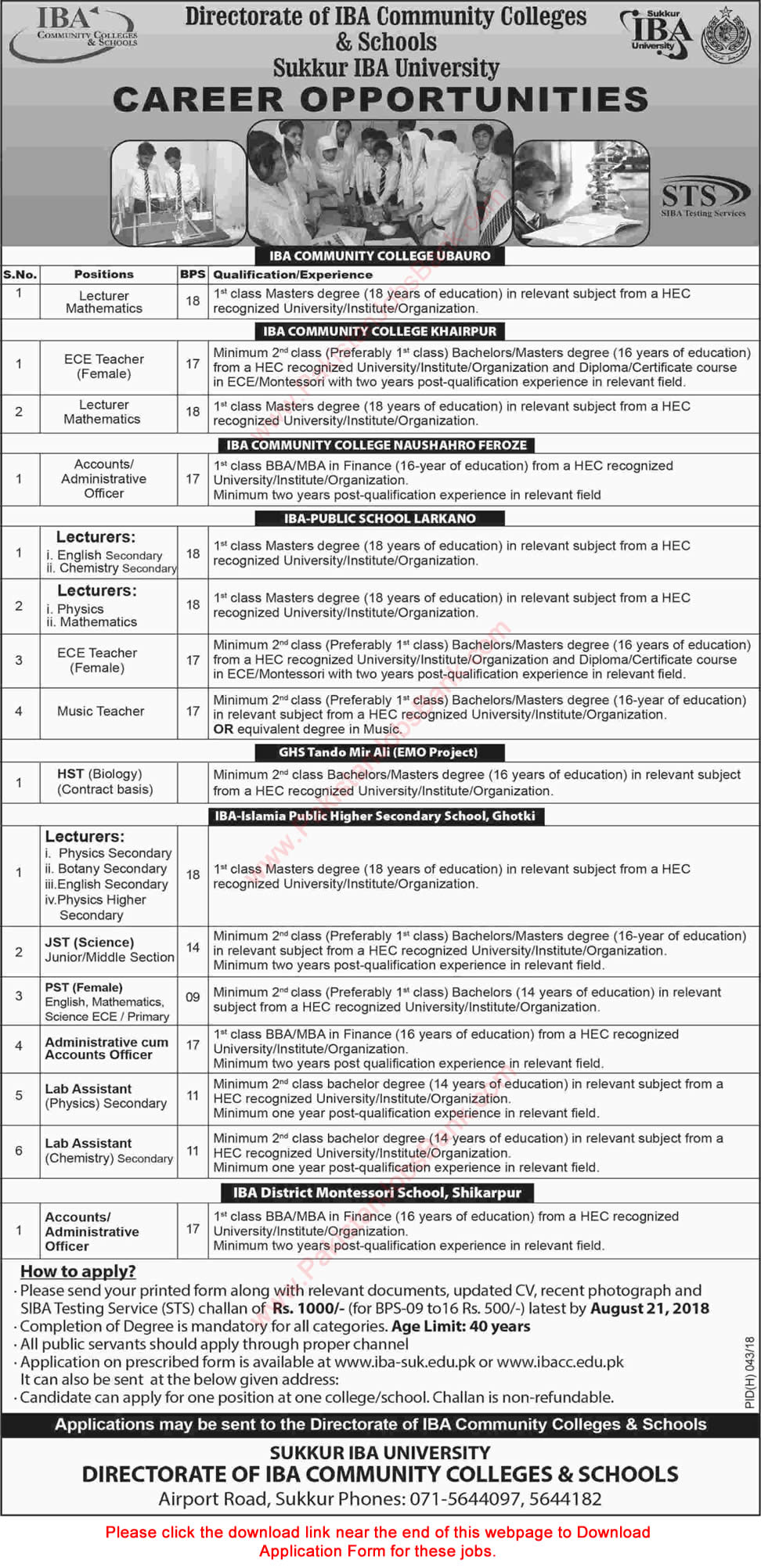 Directorate of IBA Community Colleges and Schools Jobs August 2018 Application Form Download Latest