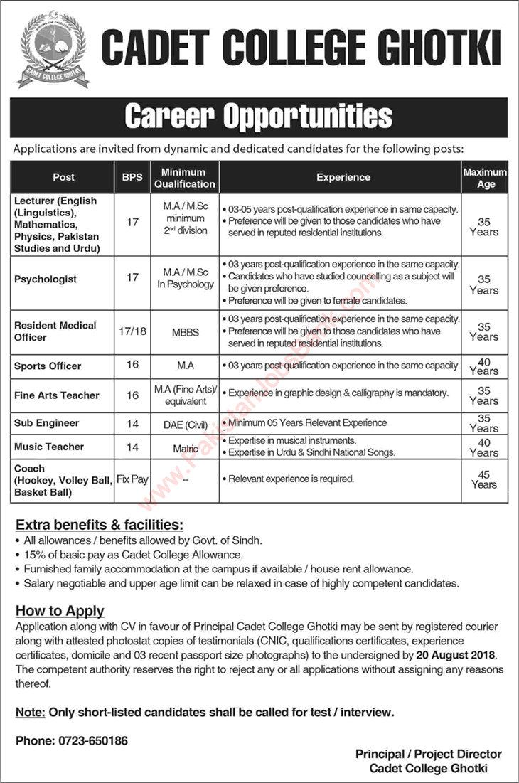 Cadet College Ghotki Jobs August 2018 Lecturers, Coaches, Sub Engineer & Others Latest