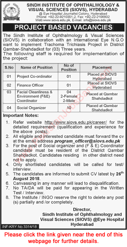 Sindh Institute of Ophthalmology and Visual Sciences Hyderabad Jobs 2018 August Social Organizers & Others Latest