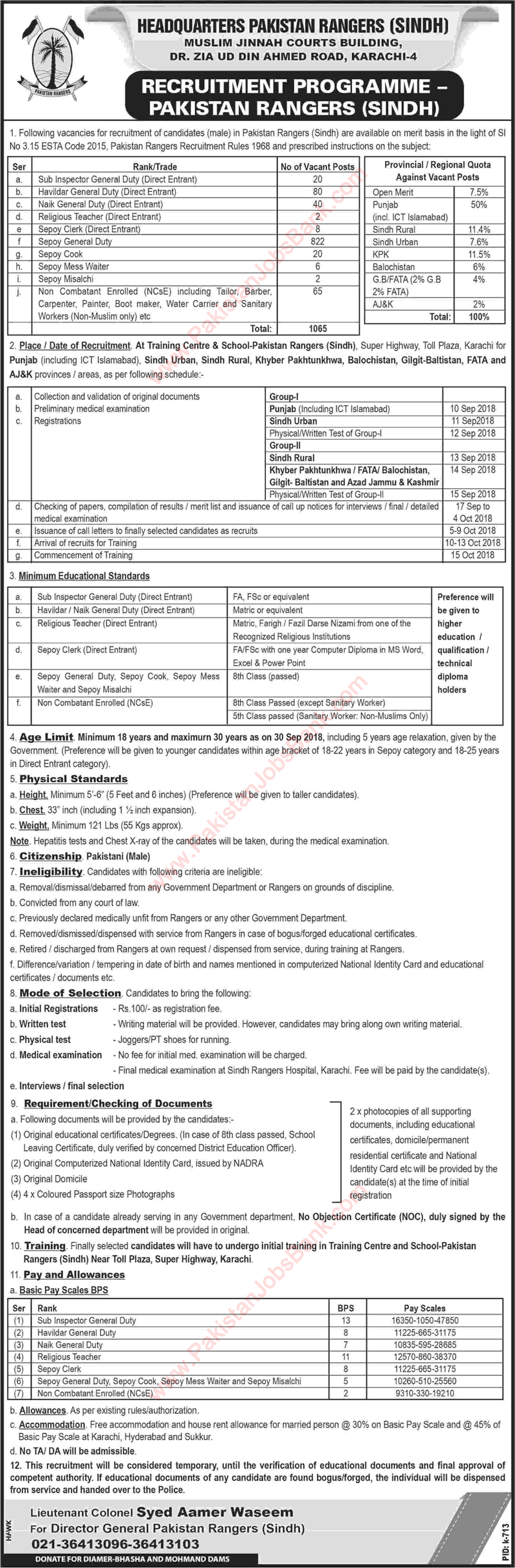 Pakistan Rangers Sindh Jobs August 2018 Sipahi, Havildar, Naik, Sub Inspectors & Others Latest