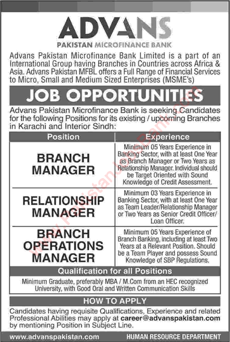 Advans Pakistan Microfinance Bank Jobs August 2018 Branch / Operations Managers & Relationship Managers Latest