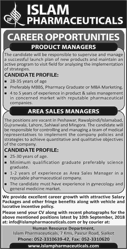 Islam Pharmaceuticals Pakistan Jobs 2018 August Product / Area Sales Managers Latest