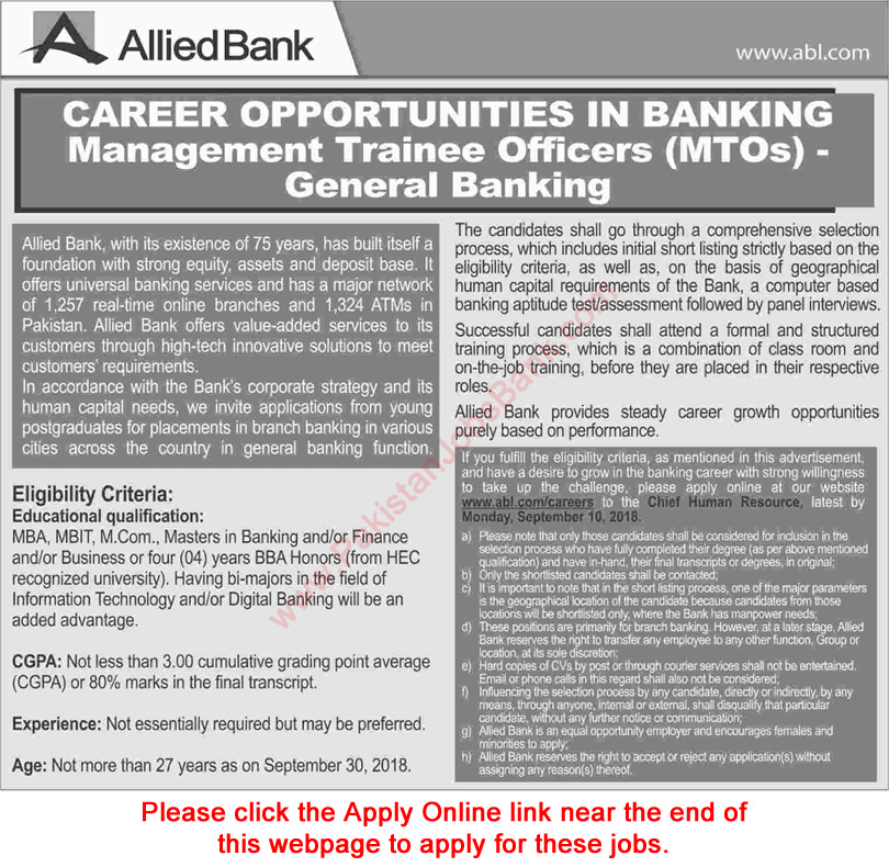 Allied Bank MTO Jobs September 2018 ABL Online Apply Management Trainee Officers Latest