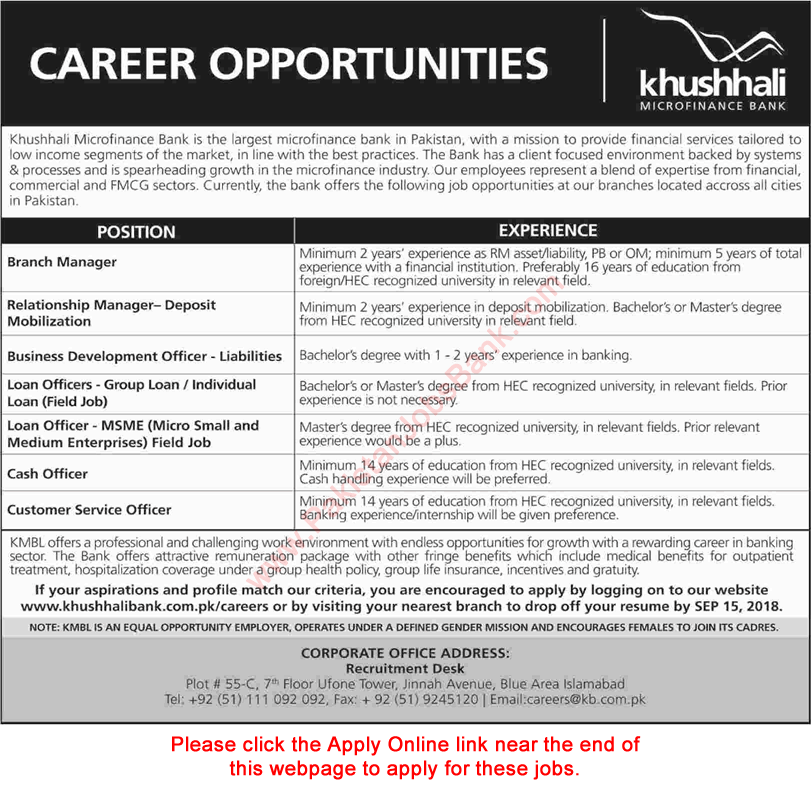 Khushhali Bank Jobs September 2018 KMBL Microfinance Bank Careers Officers & Managers Latest / New