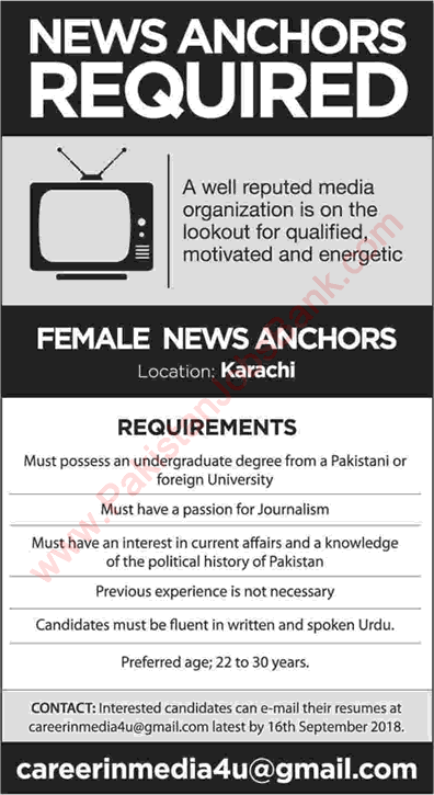 Female News Anchor Jobs in Karachi September 2018 Express News TV Latest