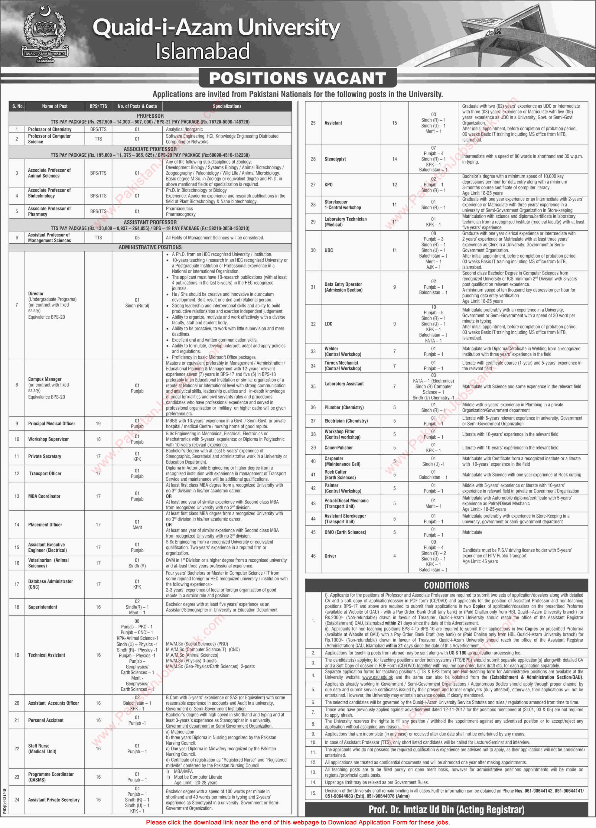 Quaid-e-Azam University Islamabad Jobs 2018 September Application Form Clerks, Technical Assistants & Others Latest