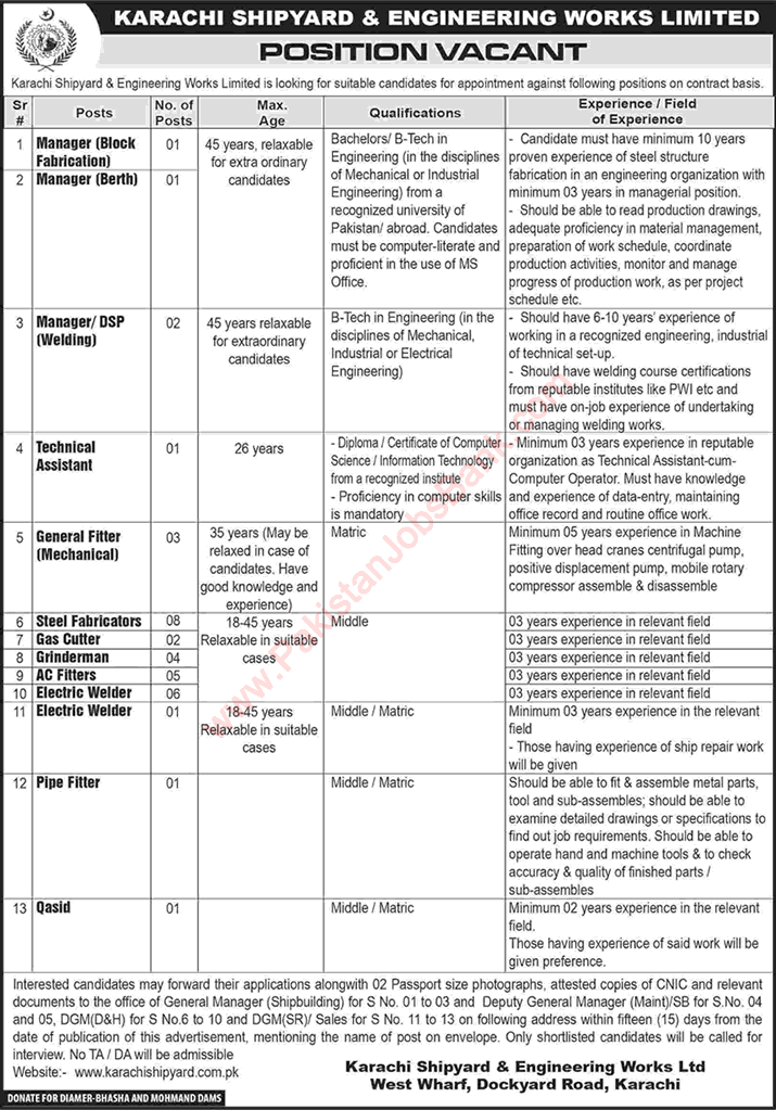 Karachi Shipyard and Engineering Works Jobs September 2018 October Steel Fabricators, Welders & Others Latest