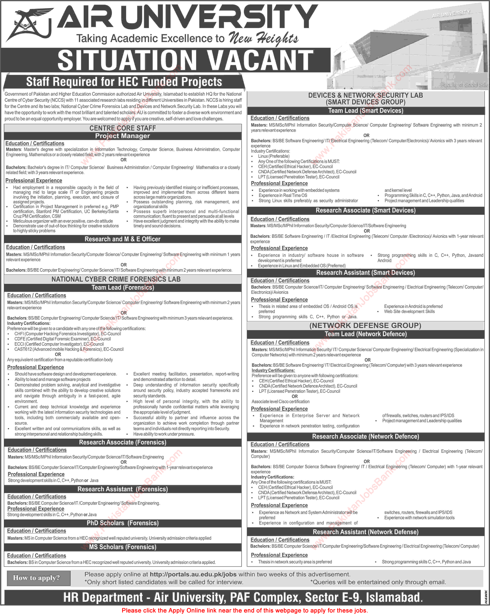 Air University Islamabad Jobs September 2018 October Apply Online Research Assistant / Associates & Others Latest