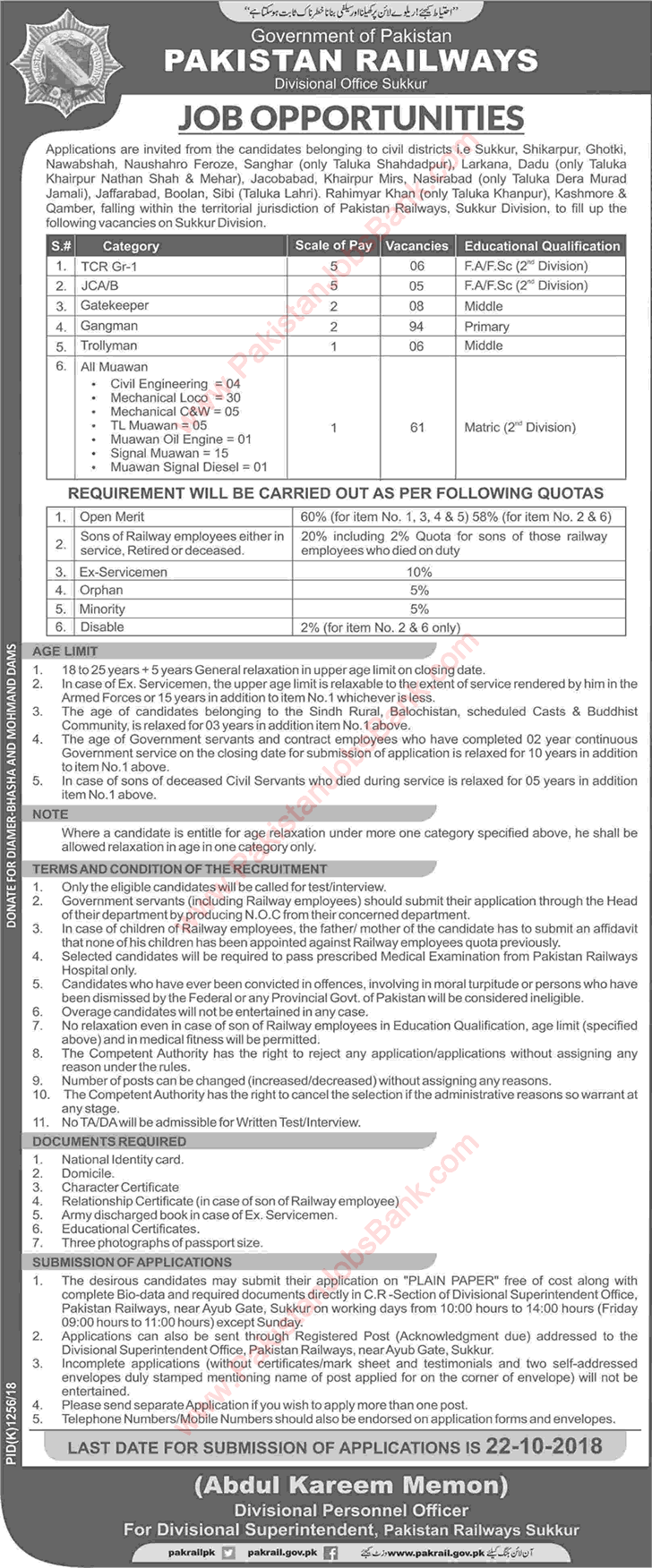 Pakistan Railways Sukkur Jobs October 2018 Division Gangman, Muawan & Others Latest