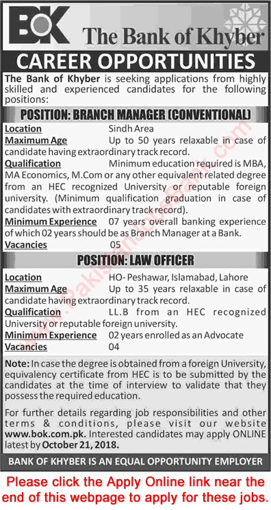 Bank of Khyber Jobs October 2018 Apply Online Branch Managers & Law Officers Latest