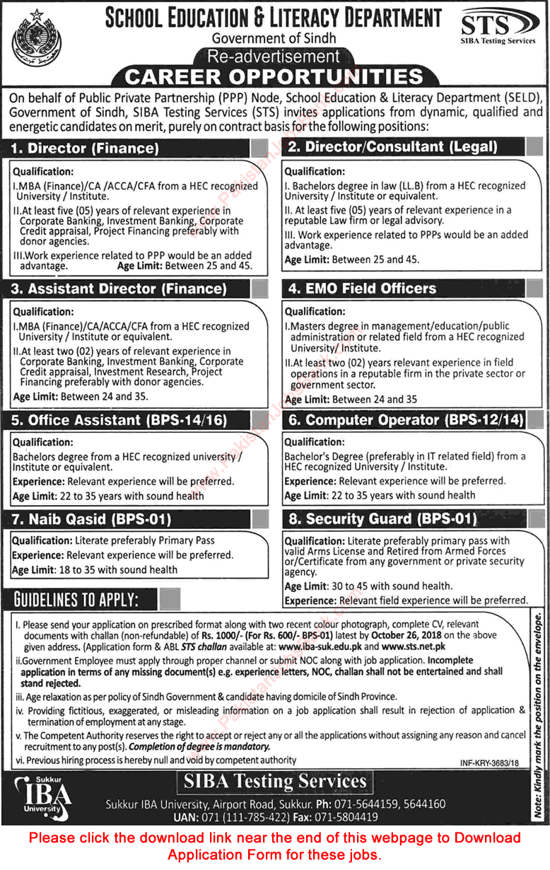 School Education and Literacy Department Sindh Jobs October 2018 STS Application Form Download Latest