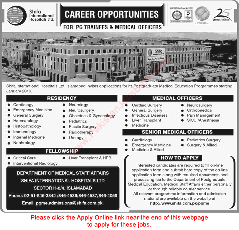 Shifa International Hospital Islamabad Jobs October 2018 Apply Online PG Trainees & Medical Officers Latest