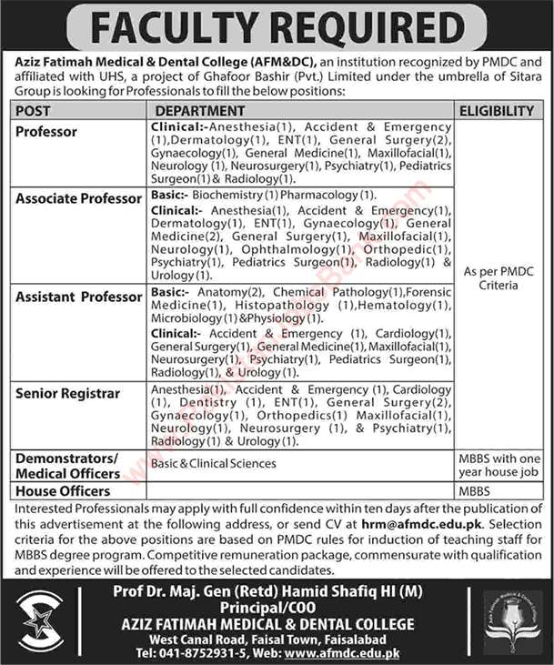 Aziz Fatimah Medical and Dental College Faisalabad Jobs October 2018 Teaching Faculty, Medical & House Officers Latest