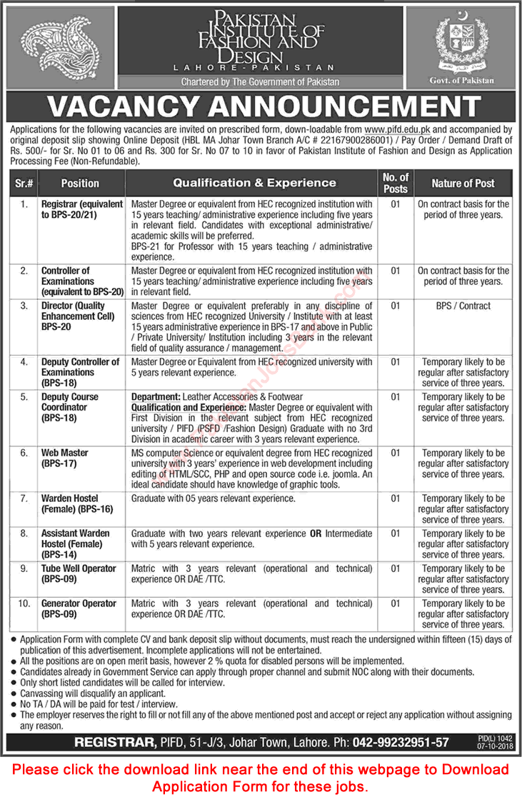 Pakistan Institute of Fashion Design Lahore Jobs 2018 October Application Form Download PIFD Latest