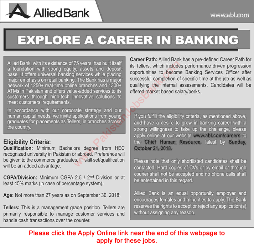 Allied Bank Jobs October 2018 Apply Online for Tellers ABL Latest / New