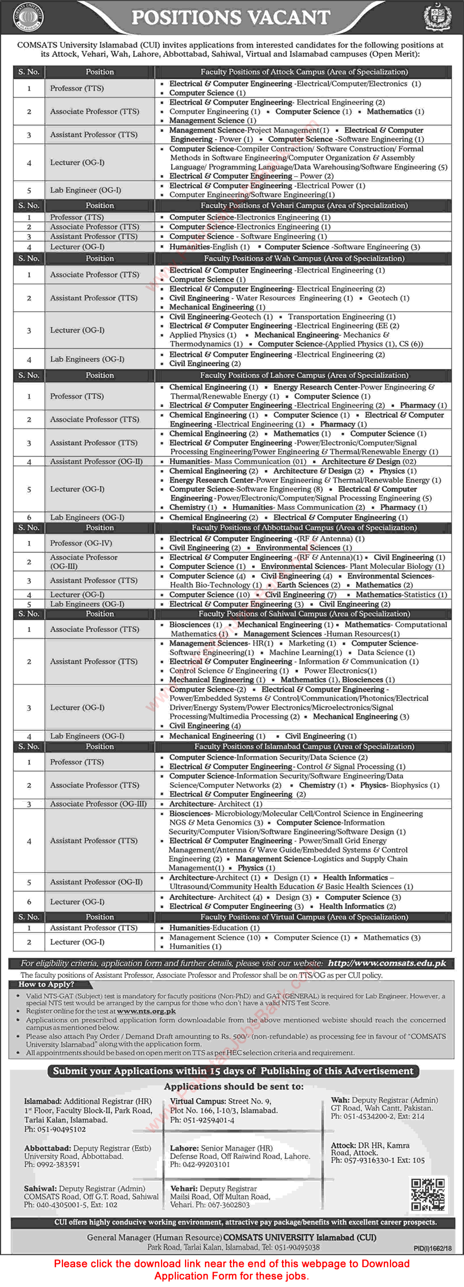 COMSATS University Islamabad Jobs October 2018 NTS Application Form Teaching Faculty & Lab Engineers Latest