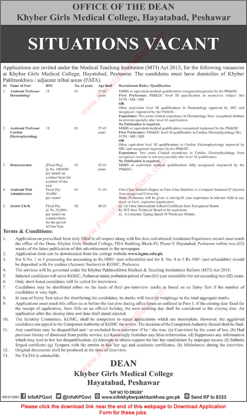 Khyber Girls Medical College Hayatabad Peshawar Jobs October 2018 KGMC Application Form Latest