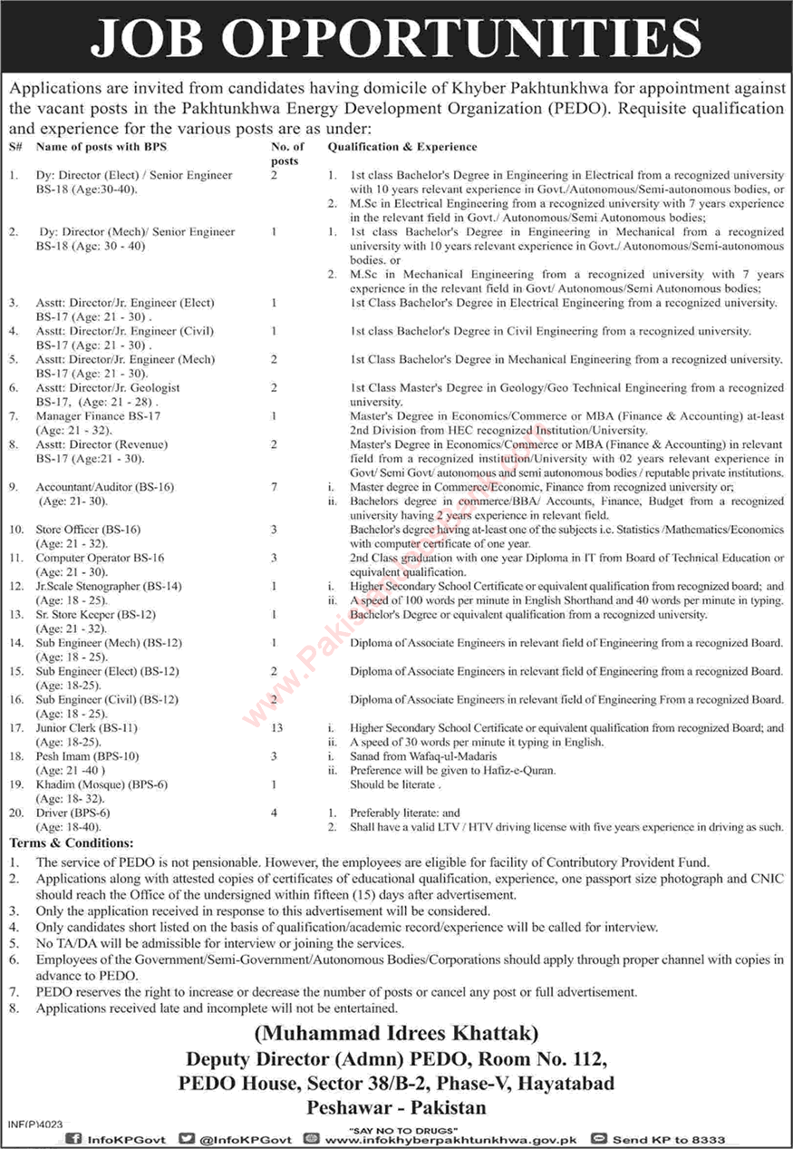 Pakhtunkhwa Energy Development Organization KPK Jobs October 2018 PEDO Latest