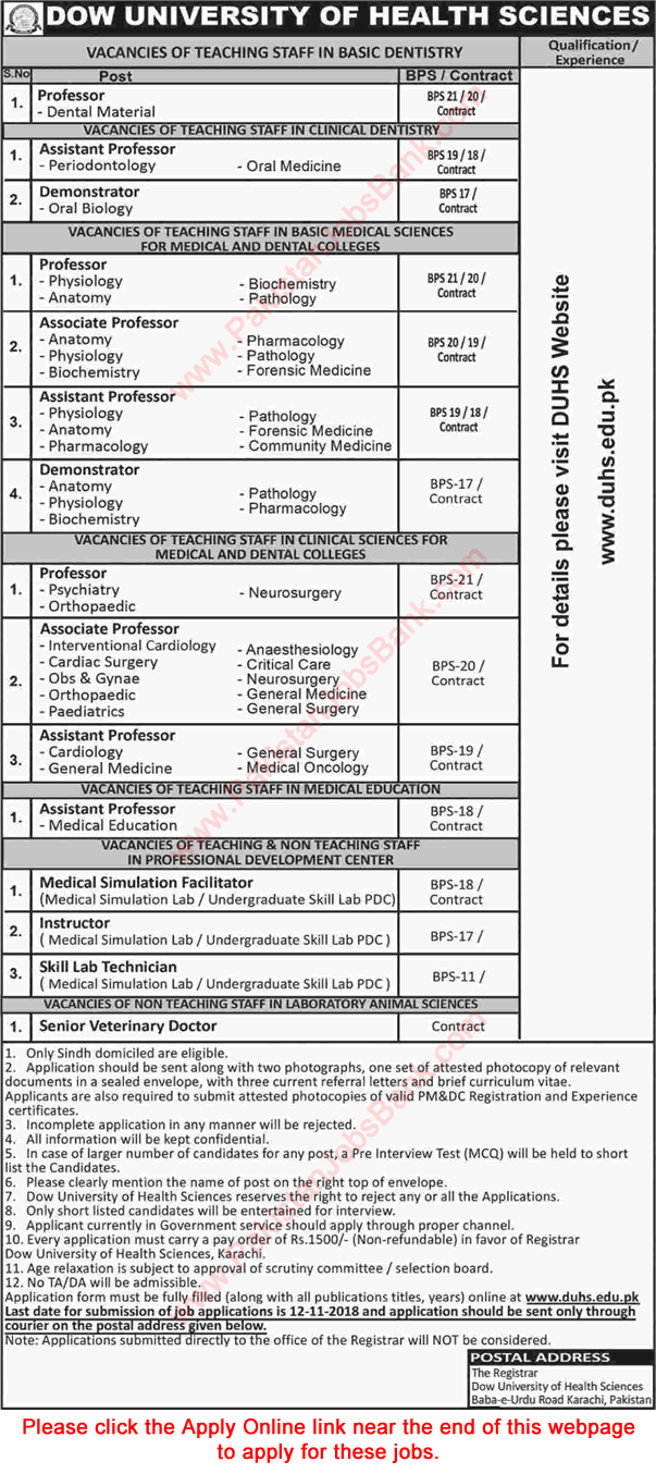 Dow University of Health Sciences Karachi Jobs October 2018 November Apply Online Teaching Faculty & Others Latest