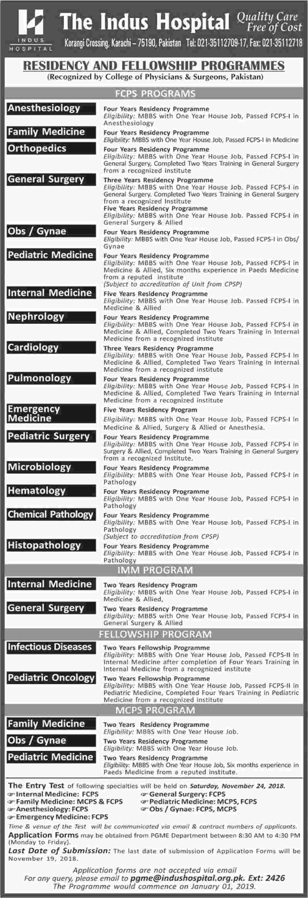 Indus Hospital Karachi Jobs October 2018 November Residency & Fellowship Programs Latest