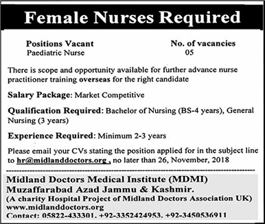 Nurses Jobs in Muzaffarabad 2018 October / November at Midland Doctors Medical Institute Latest