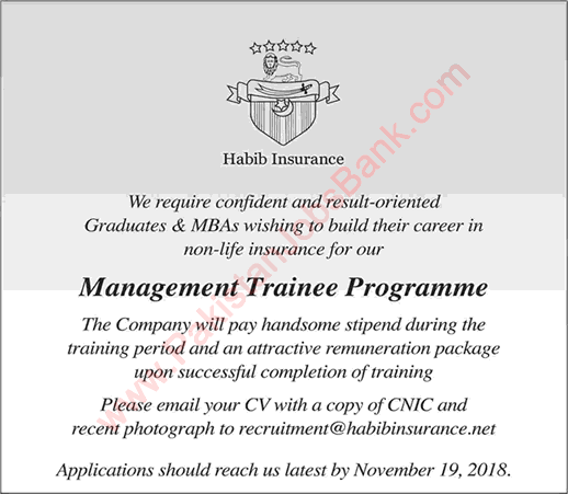 Habib Insurance Management Trainee Programme 2018 November MTO Latest Advertisement