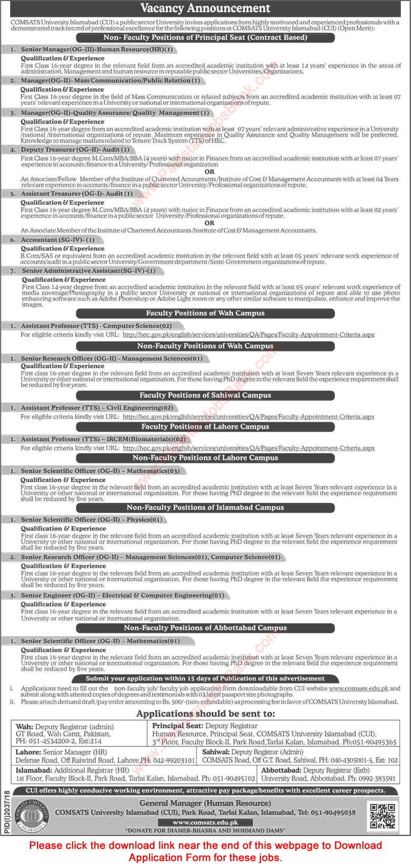 COMSATS University Jobs November 2018 CUI Application Form Latest