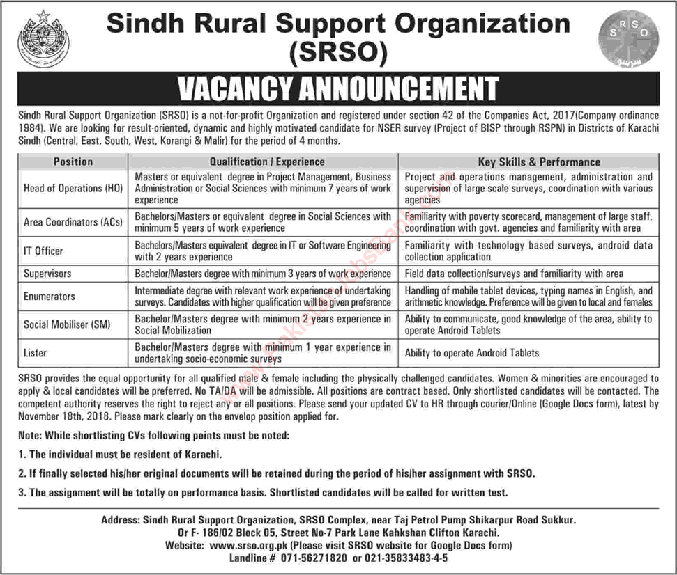 Sindh Rural Support Organization Jobs November 2018 SRSO Karachi NSER Survey BISP Latest