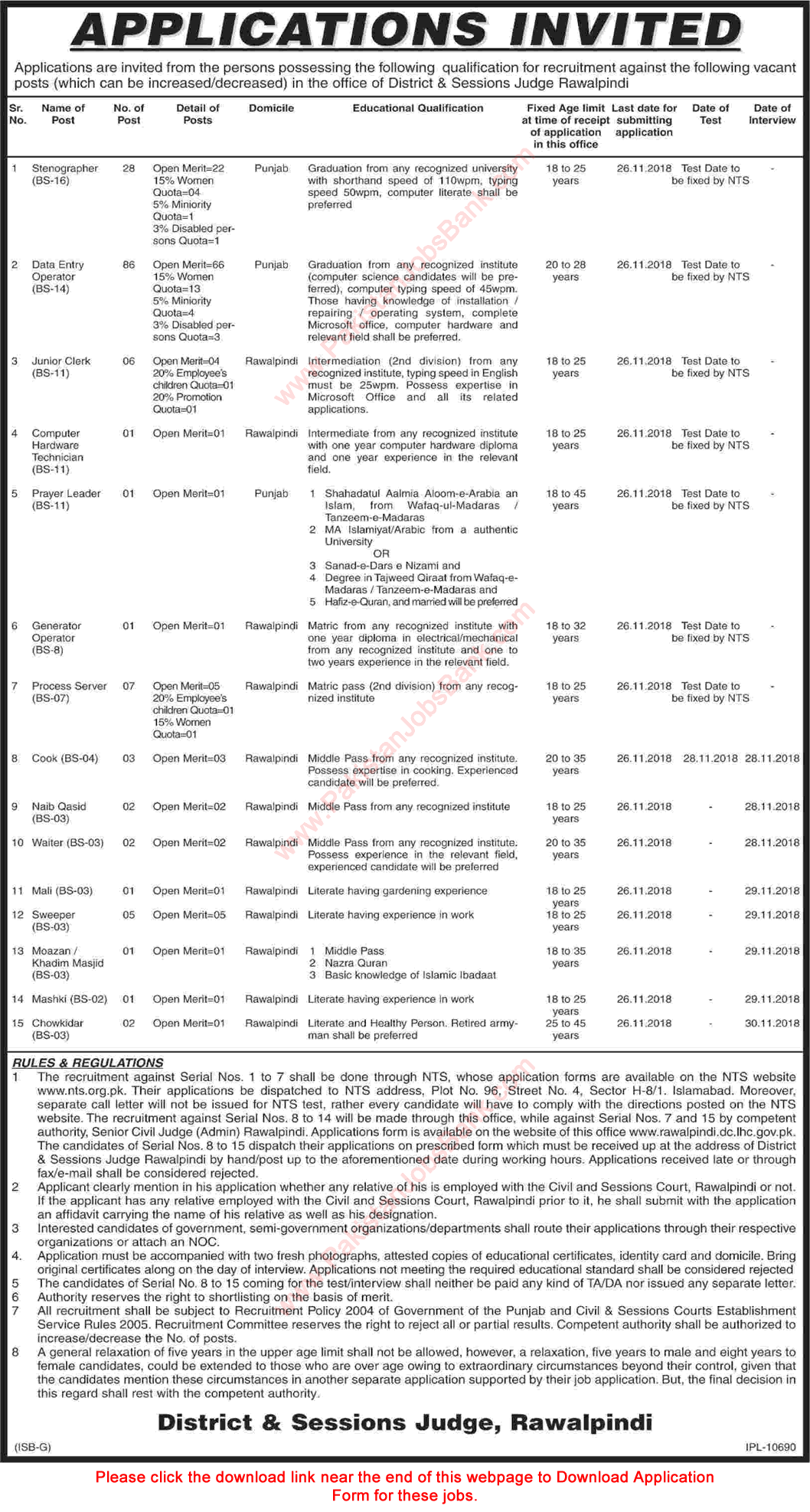 District and Session Court Rawalpindi Jobs November 2018 NTS Application Form Latest