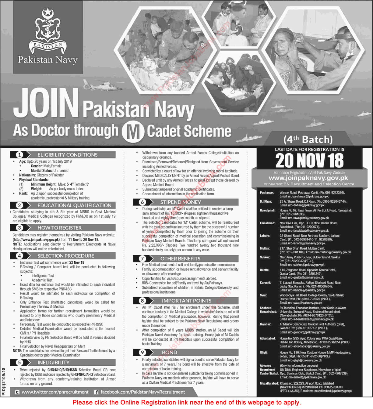 Join Pakistan Navy as Doctor 2018 November through M Cadet Scheme Online Registration Latest