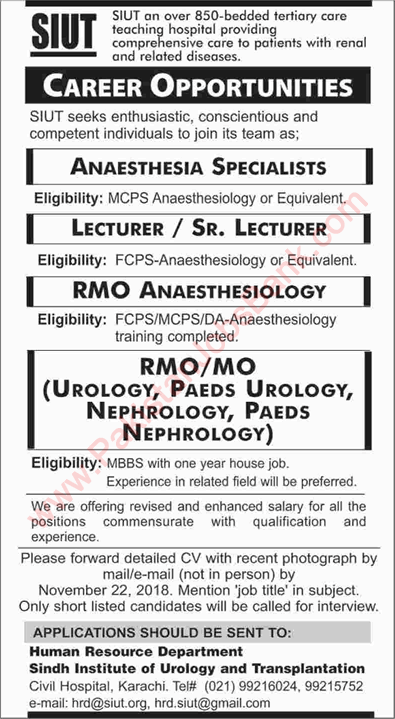 SIUT Jobs November 2018 Medical Officers & Specialists Doctors Sindh Institute of Urology & Transplantation Latest