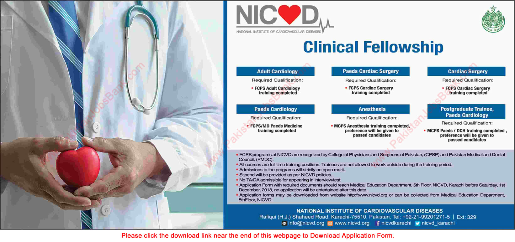 NICVD Jobs 2018 November Karachi Fellowship Training Program Application Form Download Latest