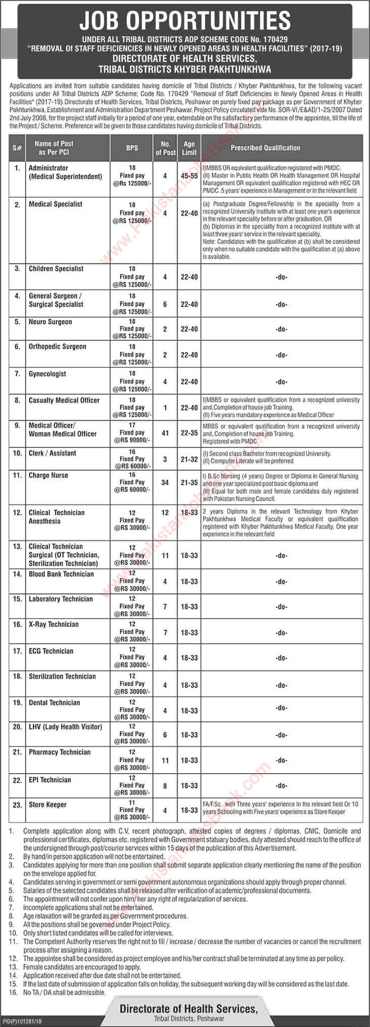 Health Department KPK Jobs November 2018 Peshawar Medical Officers, Nurses & Others Latest