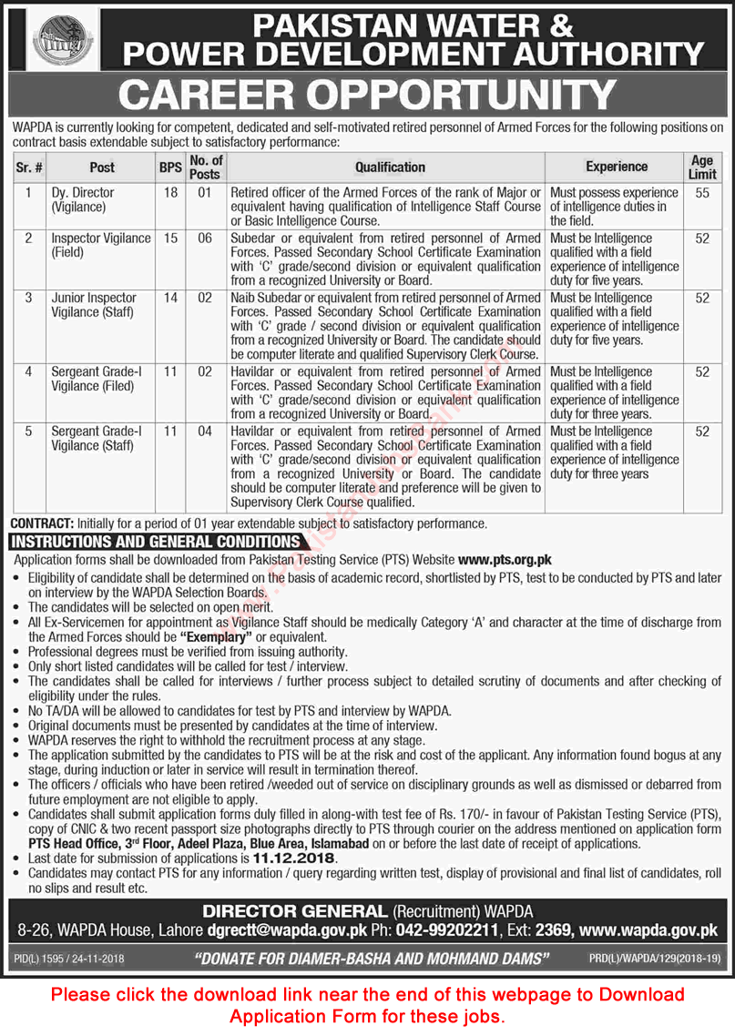 WAPDA Jobs November 2018 December PTS Application Form Vigilance Inspectors & Others Latest